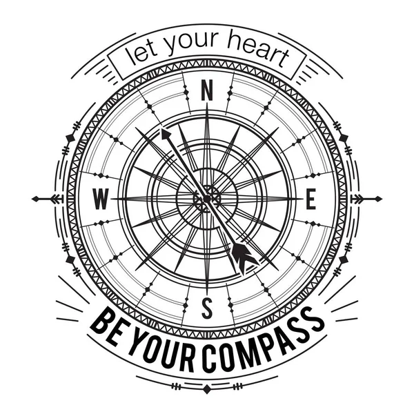Typografii plakát s vintage kompas a ručně kreslené prvky. Inspirující citace. Ať vaše srdce je kompas. Koncepce designu pro tričko, tisk, karta, tetování. Vektorové ilustrace — Stockový vektor