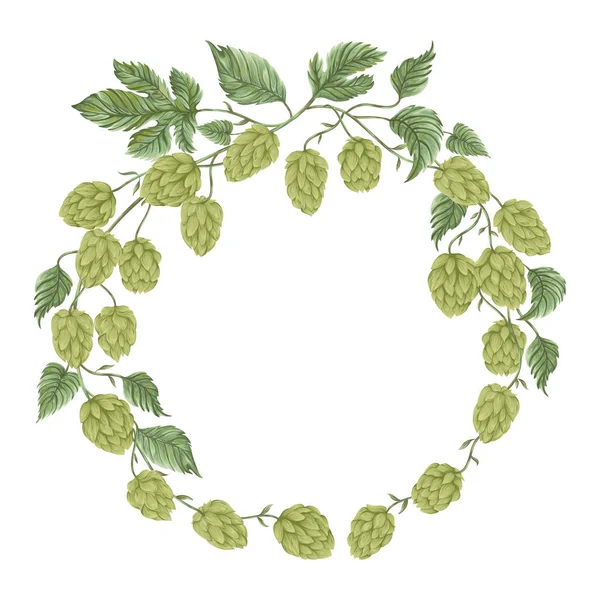 Wreath with hops. Floral composition with hop cones, leaves and branches. Isolated elements. Vintage hand drawn illustration in watercolor style. — Stock Vector