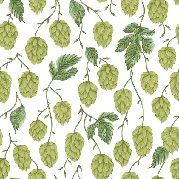 Seamless pattern with hops. Cones, leaves and branches. Isolated elements. Vintage hand drawn illustration in watercolor style — Stock Vector