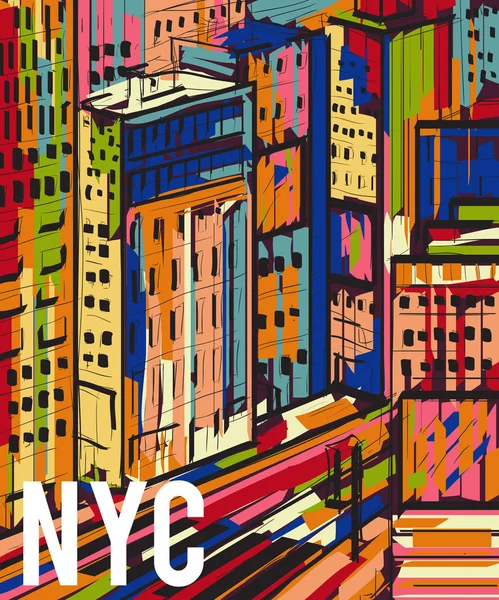 Nueva York. Abstracto colorido dibujado a mano paisaje de la ciudad noche. Ilustración vectorial en estilo pop art — Archivo Imágenes Vectoriales