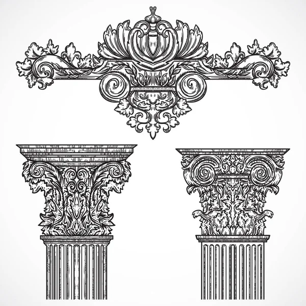 Dettagli architettonici vintage elementi di design. Antica colonna barocco stile classico e cartiglio. Illustrazione del vettore disegnato a mano — Vettoriale Stock