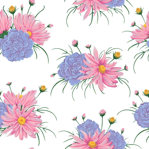 Безшовний візерунок з рожевими квітками ромашки та герані. Рустикальний квітковий дизайн для весільних запрошень та листівок на день народження. Урожай Векторні ілюстрації в акварельному стилі . — стоковий вектор