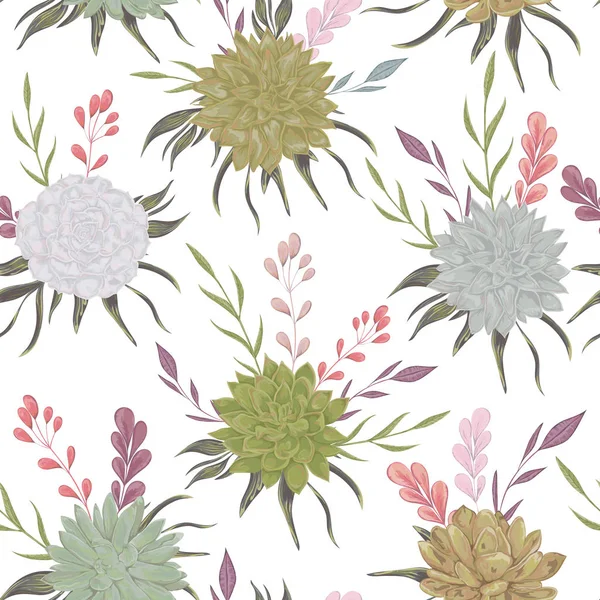Naadloze patroon met vetplanten en florale elementen. Rustieke florale achtergrond. Vintage botanische vectorillustratie in aquarel stijl. — Stockvector