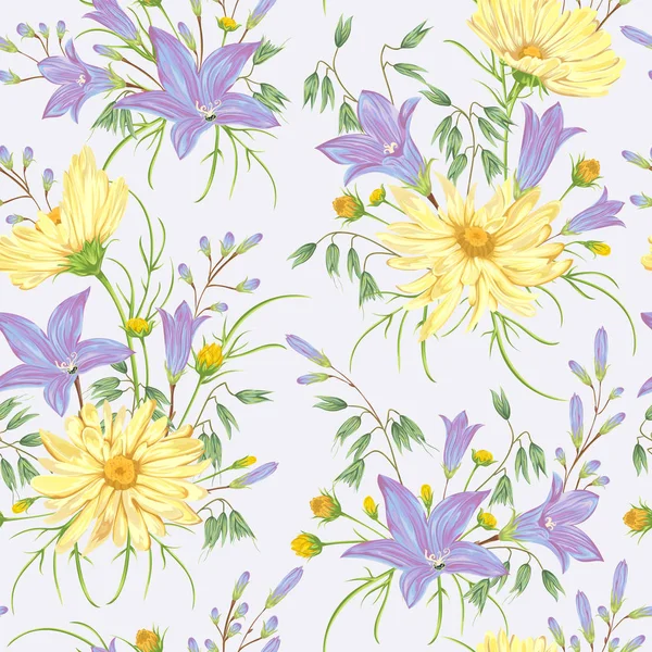 黄洋甘菊花、 蓝色风信子花与燕麦的无缝模式。质朴的花卉背景。在水彩风格复古矢量植物插图. — 图库矢量图片