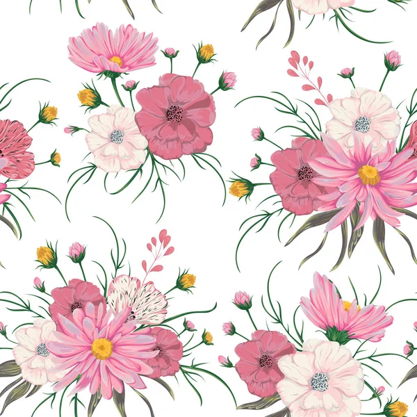 Απρόσκοπτη μοτίβο με λουλούδια χαμομήλι και παπαρούνας. Ρουστίκ floral σχέδιο για γάμος προσκλήσεις και κάρτες γενεθλίων. Εκλεκτής ποιότητας διάνυσμα βοτανικό εικόνα σε στυλ υδροχρώματος. — Διανυσματικό Αρχείο