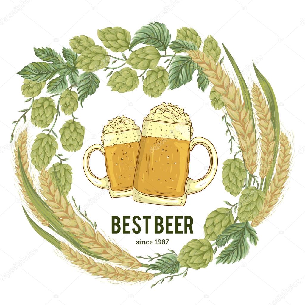 Wreath with hops, wheat and glasses of beer. Floral composition with cones, leaves and branches. Isolated elements. Vintage hand drawn illustration in watercolor style.