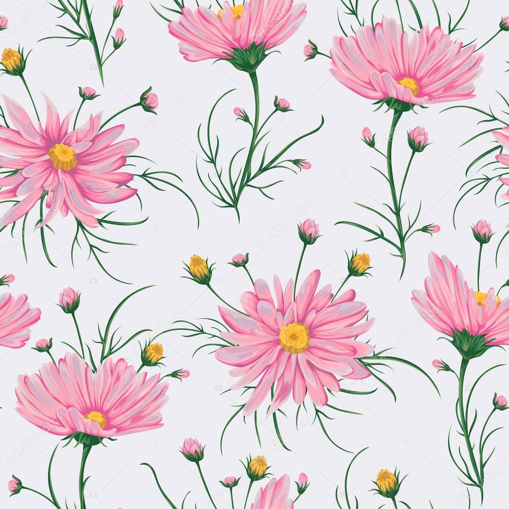 Seamless pattern with pink chamomile flowers. Rustic floral design for wedding invitations and birthday cards. Vintage vector illustration in watercolor style.