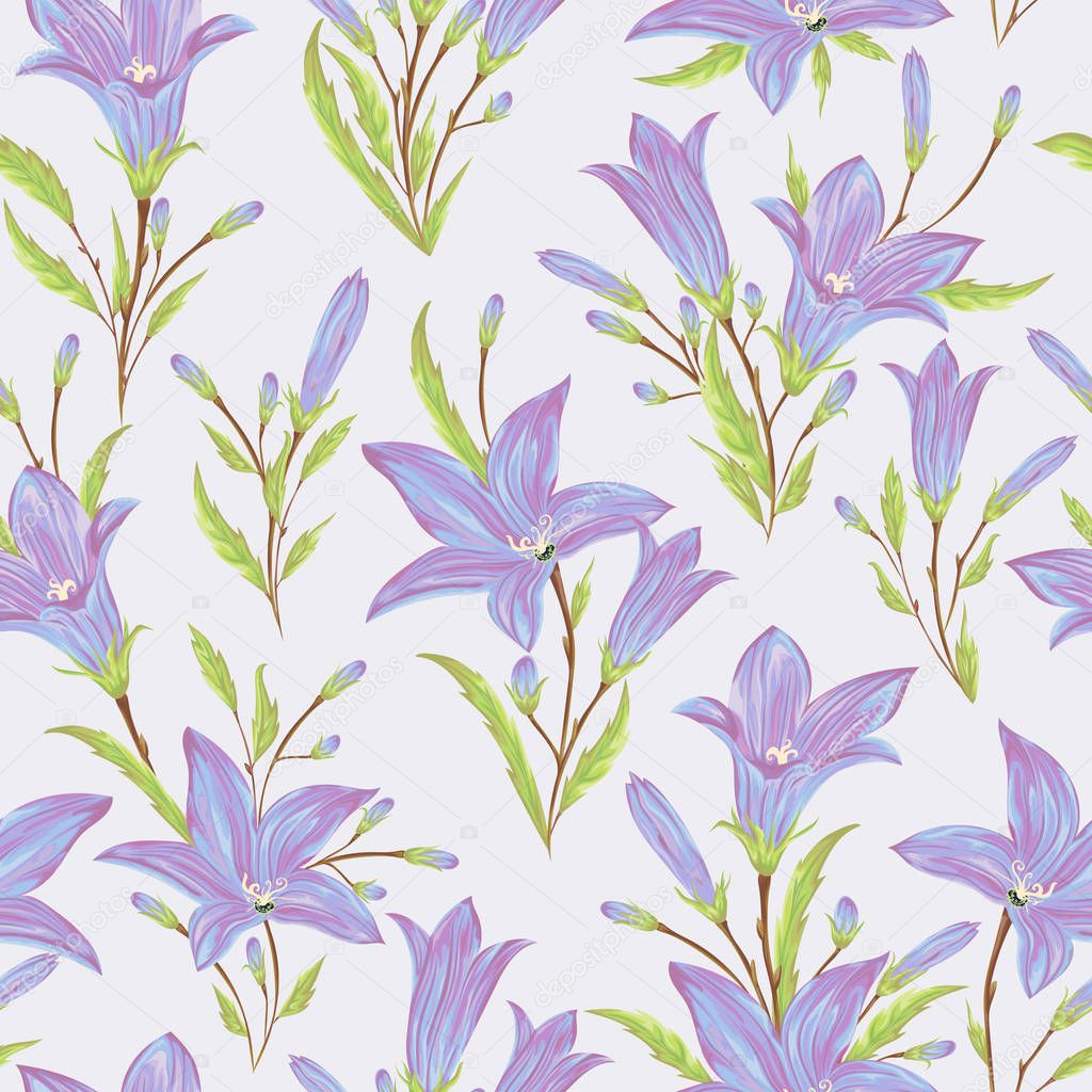 Seamless pattern with blue bluebells flowers. Rustic floral design for wedding invitations and birthday cards. Vintage vector illustration in watercolor style.