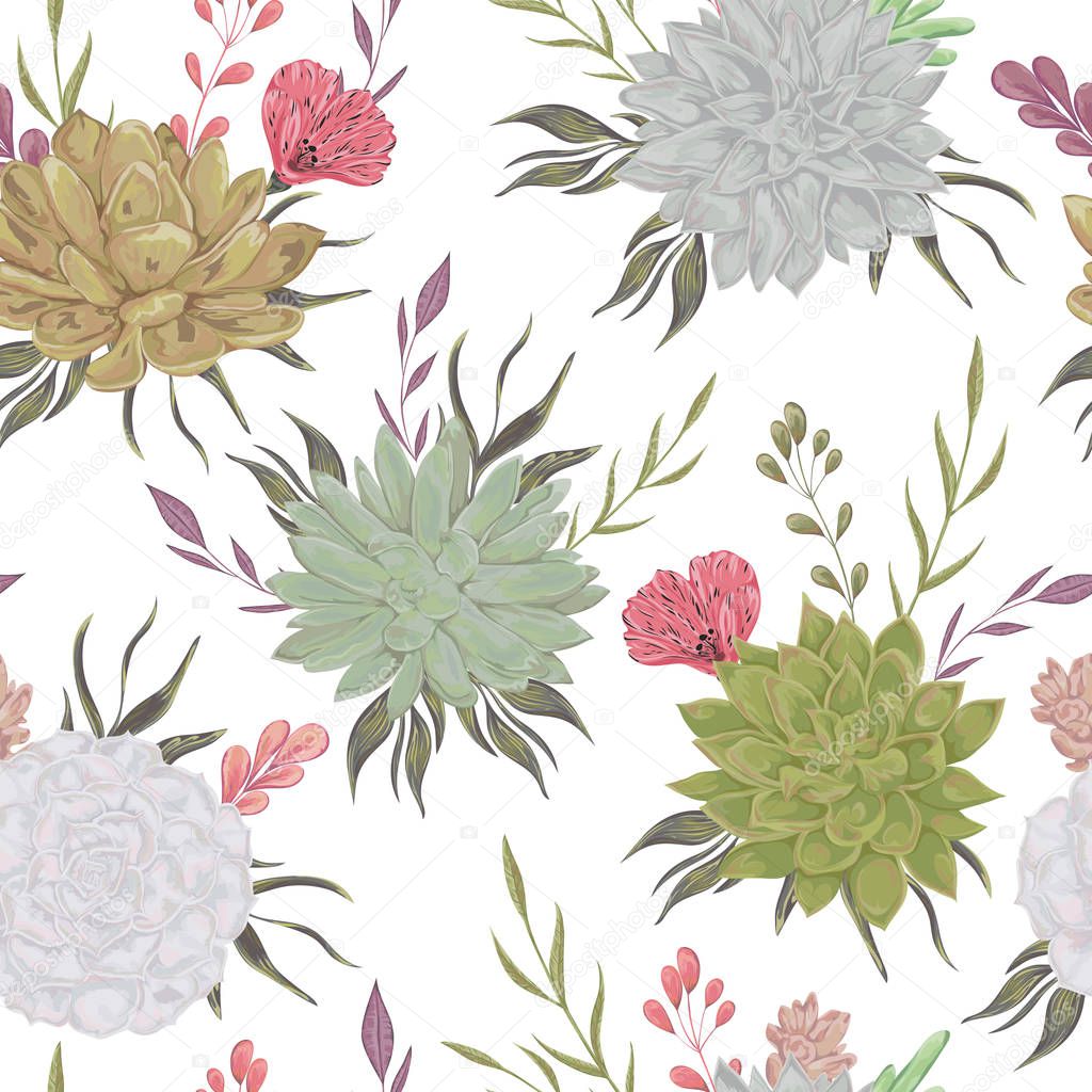 Seamless pattern with succulents and floral elements. Rustic floral background. Vintage vector botanical illustration in watercolor style.