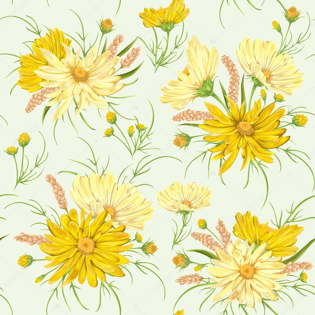 Seamless pattern with yellow chamomile flowers and millet. Rustic floral design for wedding invitations and birthday cards. Vintage vector botanical illustration in watercolor style.