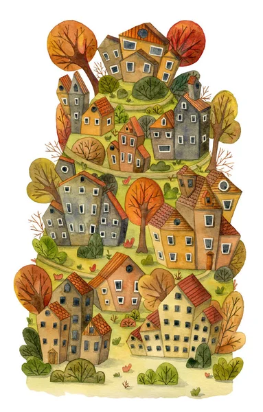 Aquarel cartoon huizen en bomen op de berg. Fairy dorpje. Vintage design concept voor afdrukken of poster. Hand getekende illustratie — Stockfoto