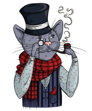 Beyefendi Melon şapkalı kedi, boru ve tek gözlük ile eşarp. Antropomorfik karakter. Vintage elle çizilmiş vektör çizim