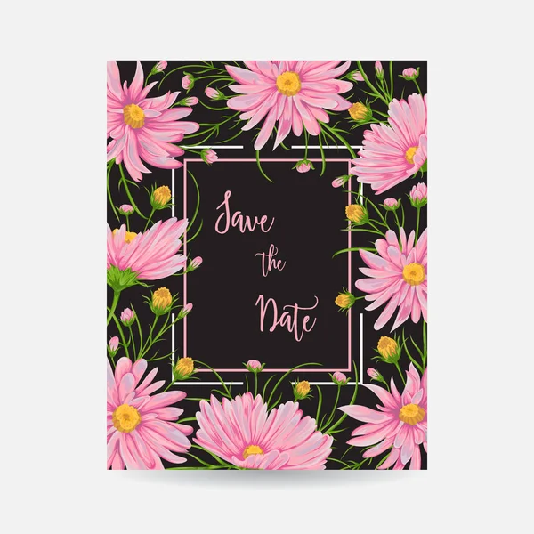 Save the date card with pink chamomile flowers. Rustic floral design for wedding invitations and birthday cards. Vintage vector illustration in watercolor style. — Stock Vector