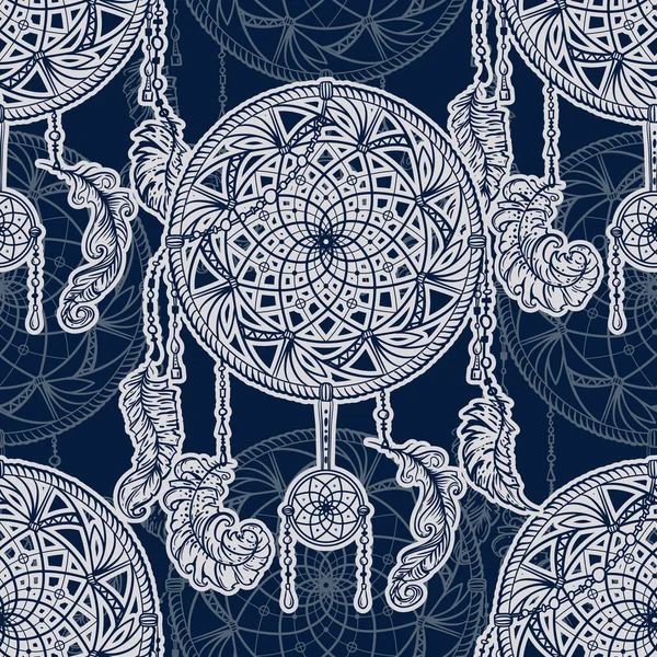 Padrão sem costura com dreamcatcher e penas. Ilustração vetorial desenhada à mão no estilo boho . — Vetor de Stock