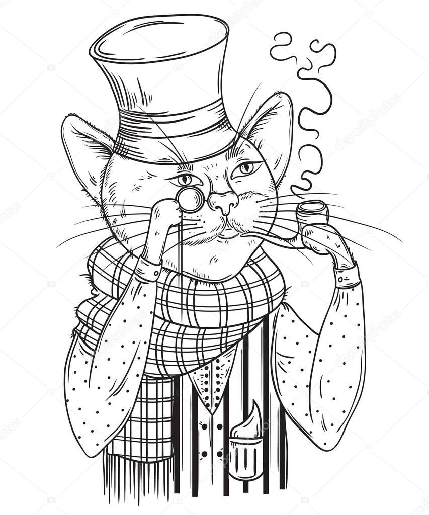 Cat gentleman in bowler hat, scarf with pipe and monocle. Anthropomorphic character. Vintage hand drawn vector illustration