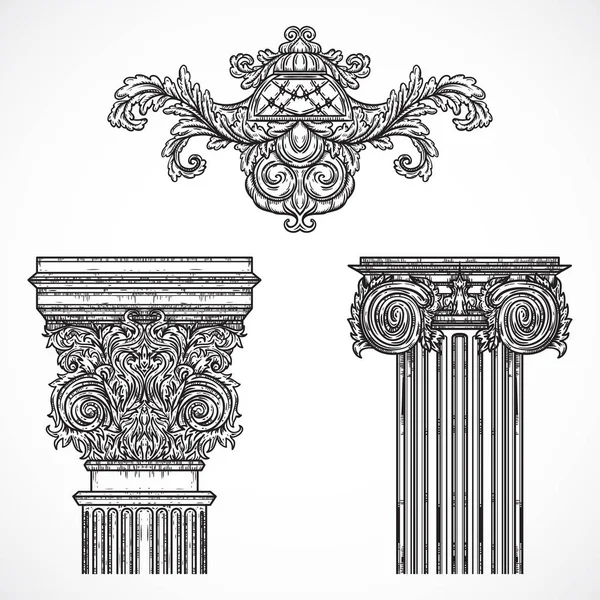 Detalles arquitectónicos vintage elementos de diseño. Antigua columna barroca de estilo clásico y cartucho. Ilustración vectorial dibujada a mano — Archivo Imágenes Vectoriales