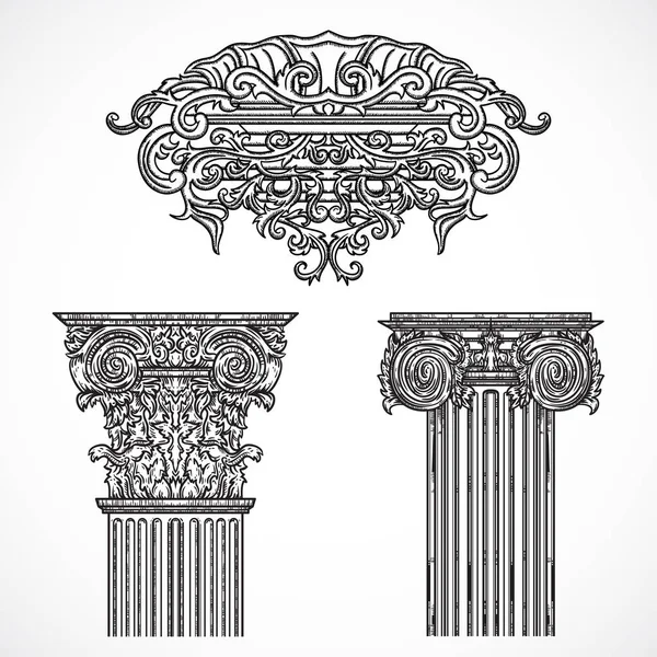 Vintage architekturális tervezési elemek. Antik, barokk, klasszikus stílusú oszlop és cartouche. Kézzel rajzolt vektoros illusztráció — Stock Vector