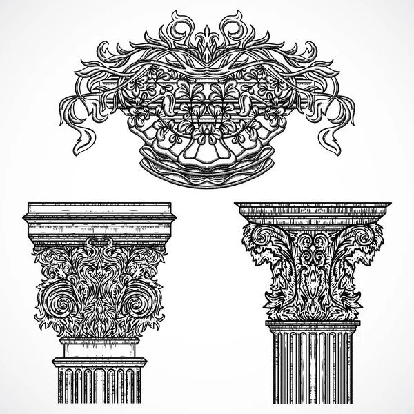 Vintage arkitektoniska detaljer designelement. Antika klassisk barockstil kolumn och kartusch. Hand dras vektorillustration — Stock vektor