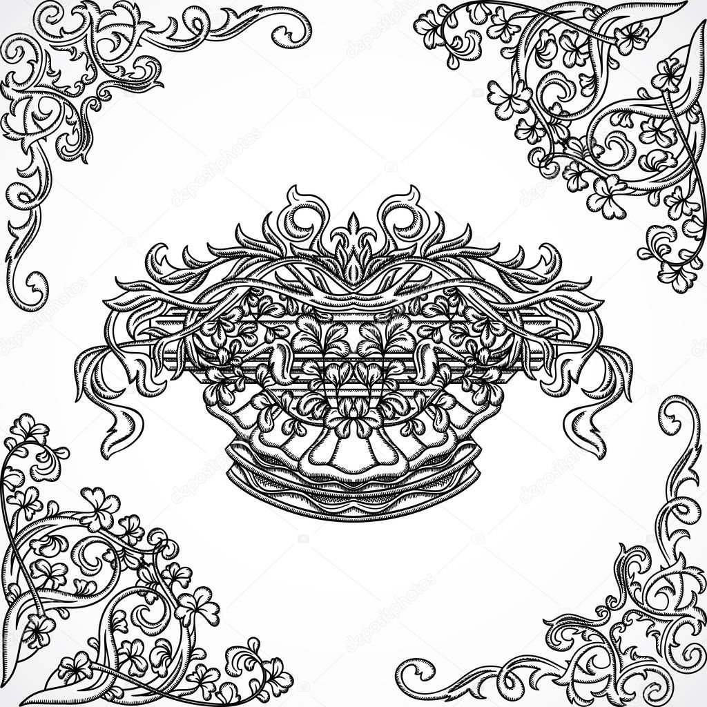 Vintage architectural details design elements. Antique baroque classic style border and cartouche in engraving style. Hand drawn vector illustration