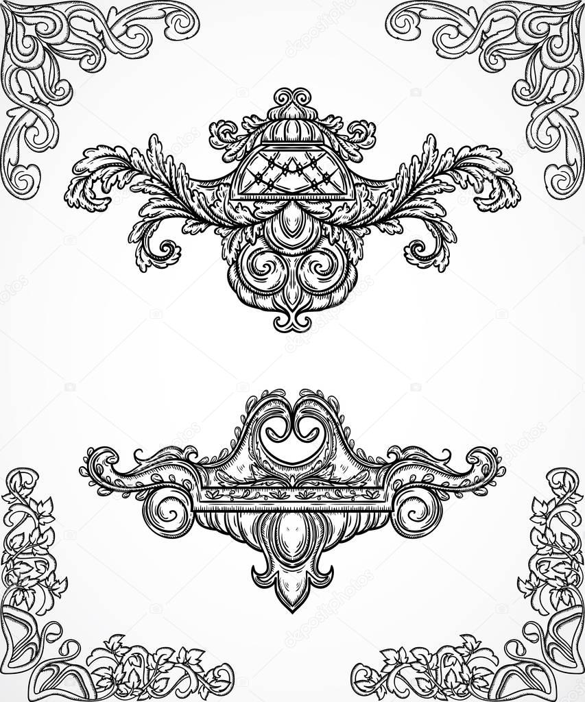 Vintage architectural details design elements. Antique baroque classic style border and cartouche in engraving style. Hand drawn vector illustration