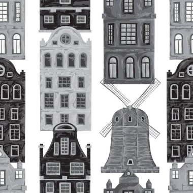Amsterdam. Eski tarihi binaları ve Hollanda'nın geleneksel mimarisi ile Seamless modeli. Yel değirmeni ve evler. Suluboya tarzında vintage elle çizilmiş vektör çizim.