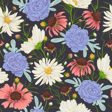 Adaçayı, papatya ve Sardunya çiçekleri ile Seamless modeli. Rustik çiçek arka plan. Suluboya tarzında Vintage vektör botanik çizim.