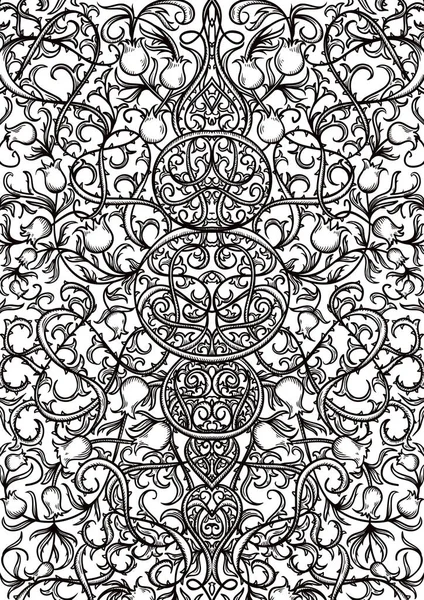 Vintage gotiska mönster med blommiga inslag. Svart och vit graverade prydnads bakgrund. Designkonceptet för spelkort, bokomslag, skriva, affischen. Hand dras vektorillustration. — Stock vektor