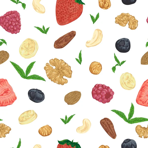 Бесшовный рисунок с орехами, ягодами и мятными листьями. клубника, малина, черника, банан, грецкий орех, миндаль, фундук, кешью, бразильский орех. Векторная иллюстрация — стоковый вектор