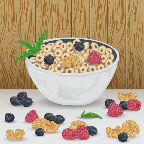 Cereal rings in bowl with raspberry, blueberry, walnut and mint leaves on wooden background. Healthy breakfast. Isolated elements. Hand drawn vector illustration — Stock Vector