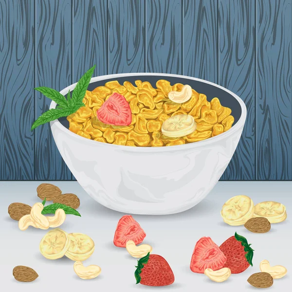 Cereal porridge in bowl with strawberry, banana, almond, cashew and mint leaves on wooden background. Healthy breakfast. Isolated elements. Hand drawn vector illustration — Stock Vector