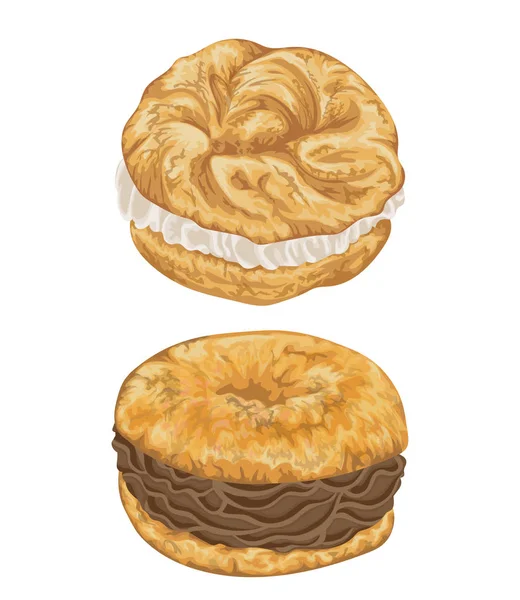 Paris brest cakes with praline and chocolate cream. French pastries in watercolor style. Isolated elements. Hand drawn vector illustration. — Stock Vector