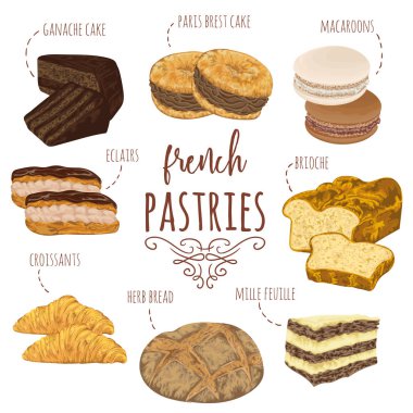 Fransız hamur işleri koleksiyonu. Börek, kurabiye, kruvasan, ot ekmek, eklerleri, paris brest, ganache, mille feuille kek. İzole öğeleri. El vektör çizim suluboya tarzında çekilmiş.