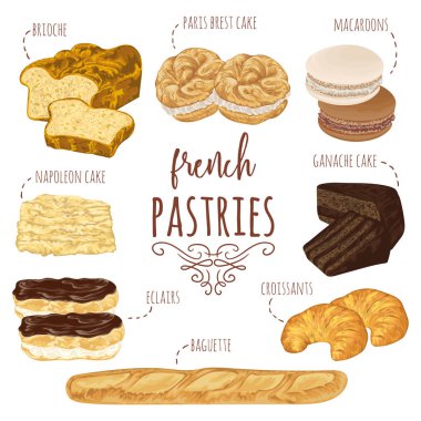 Fransız hamur işleri koleksiyonu. Börek, kurabiye, kruvasan, baget, eklerleri, paris brest, ganache, Napolyon kek. İzole öğeleri. El vektör çizim suluboya tarzında çekilmiş.