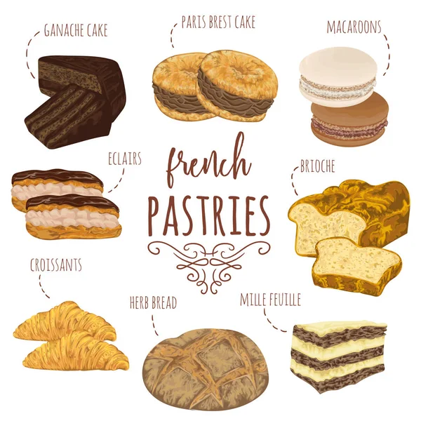 Coleção de doces franceses. Brioche, macaroons, croissants, pão de ervas, eclairs, paris brest, ganache, bolos mille feuille. Elementos isolados. Ilustração vetorial desenhada à mão em estilo aquarela —  Vetores de Stock