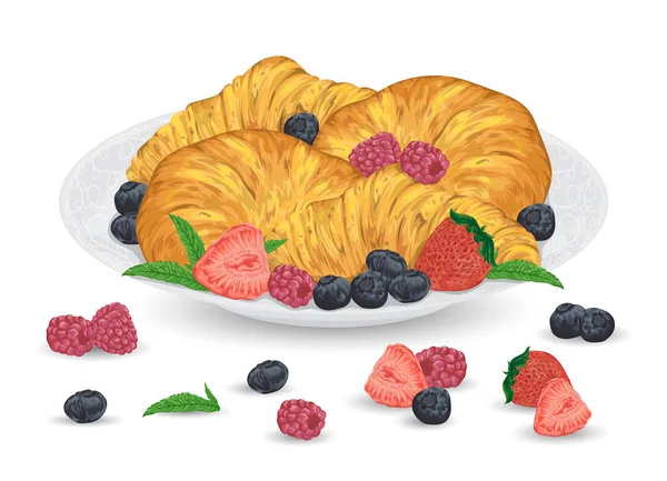Набор круассанов на тарелке с ягодами. Французская выпечка с клубникой, малиной, черникой и мятными листьями. Здоровый завтрак. Изолированные элементы. Векторная иллюстрация . — стоковый вектор