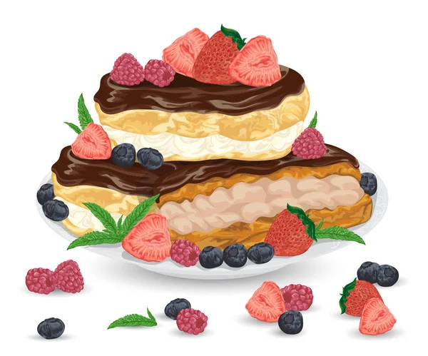 Set of eclairs on plate with praline and cocoa cream in chocolate glaze. French pastries with strawberry, raspberry, blueberry and mint leaves. Isolated elements. Hand drawn vector illustration. — Stock Vector