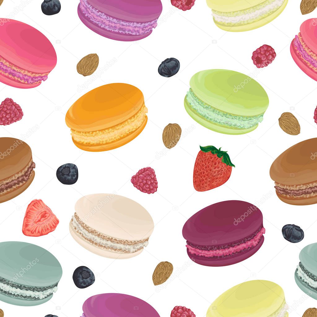 Seamless pattern with macaroons, strawberry, raspberry, blueberry and almond. French pastries in watercolor style. Isolated elements. Hand drawn vector illustration.