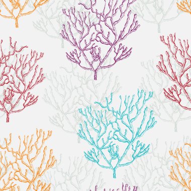 Deniz bitki, mercan ve deniz yosunu topluluğu. Vintage seamless modeli el çekilmiş deniz flora ile. Vektör çizim satırı sanat tarzı.