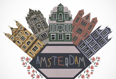 Amsterdam. Eski tarihi binaları ve Hollanda'nın geleneksel mimarisi. Suluboya tarzında vintage elle çizilmiş vektör çizim.