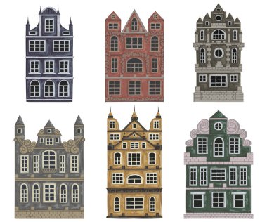 Amsterdam. Eski tarihi binalar ve evler. Geleneksel Avrupa mimarisi. İzole öğeleri. Suluboya tarzında vintage elle çizilmiş vektör çizim.