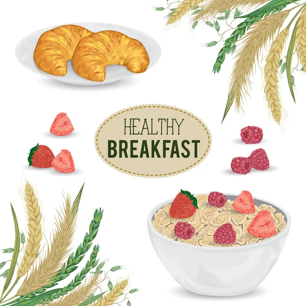 Porridge di cereali in ciotola e croissant su piatto con lampone, fragola e cereali. Orzo, frumento, segale e avena. Colazione sana. Elementi isolati. Illustrazione del vettore disegnato a mano — Vettoriale Stock