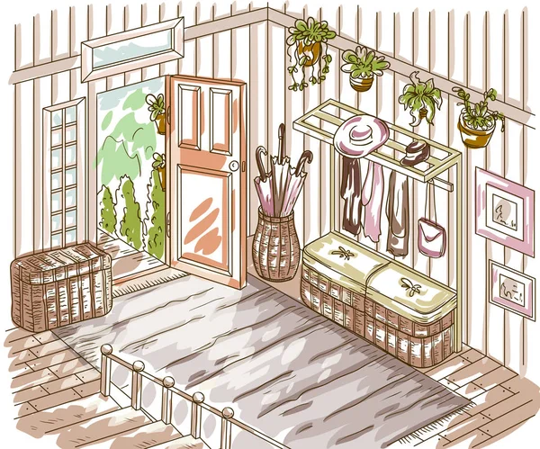Giriş koridoru iç merdiven, depolama mobilya, Resimler, bitkiler ve açık kapı. Suluboya tarzında vintage elle çizilmiş vektör çizim — Stok Vektör