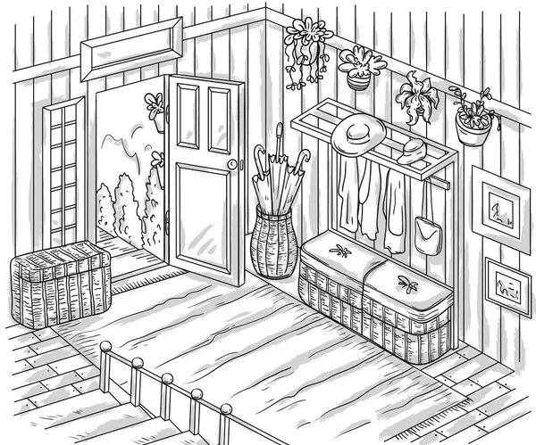 Entrada interior pasillo con escalera, muebles de almacenamiento, fotos, plantas y puerta abierta. Vintage ilustración vectorial dibujado a mano en estilo de boceto — Vector de stock