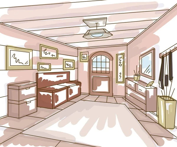 Entree hal interieur met opslag van meubels, foto's en Bank in aquarel stijl. Vectorillustratie Vintage hand getrokken schets stijl — Stockvector