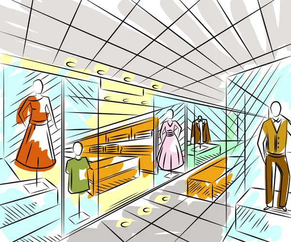 购物中心与时装商店。在素描风格的室内设计。复古手绘矢量图 — 图库矢量图片