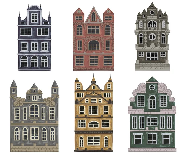 Amsterdam. Oude historische gebouwen en huizen. Traditionele Europese architectuur. Geïsoleerde elementen. Vintage hand getrokken vectorillustratie in aquarel stijl. — Stockvector