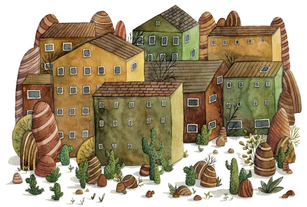 Paysage désertique avec maisons, cactus, pierres et montagnes. Illustration à l'aquarelle dessinée à la main dans un style dessin animé — Photo