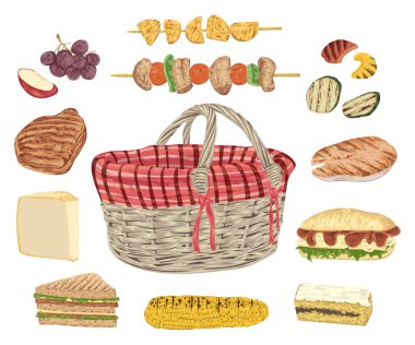 Piknik gıda topluluğu. Izgara et, balık, sebze, sandviç, peynir, Mısır, kebap, meyve ve sepet. İzole öğeleri. Tasarım konsepti piknik ya da barbekü partisi için. Vektör çizim
