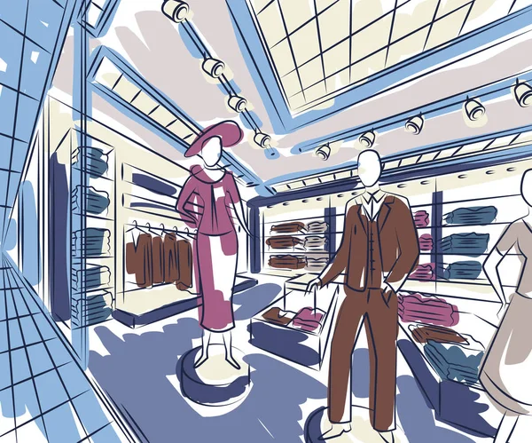 Winkelcentrum met mode. Interieur in de stijl van de schets. Vintage hand getrokken vectorillustratie — Stockvector