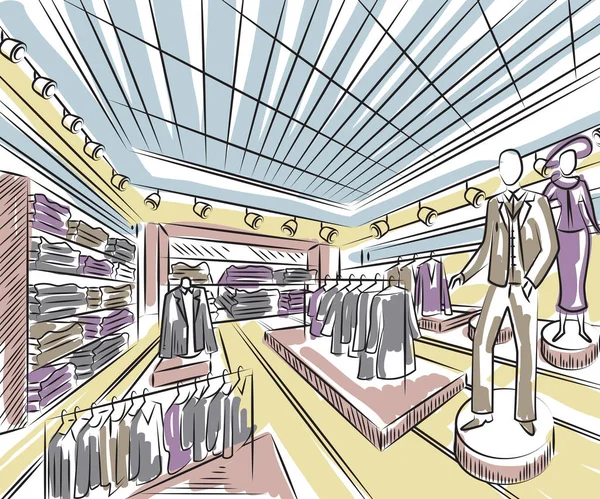 Design d'intérieur de magasin de mode dans le style croquis. Illustration vectorielle vintage dessinée à la main — Image vectorielle